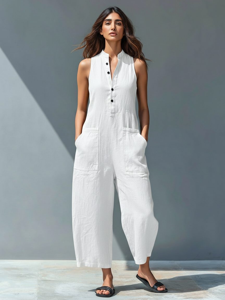 Sleeveless Mandarin Collar Jumpsuit for Women - White