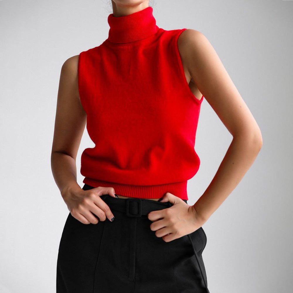 Sleeveless Roll Neck Knit Sweater for Women - Red
