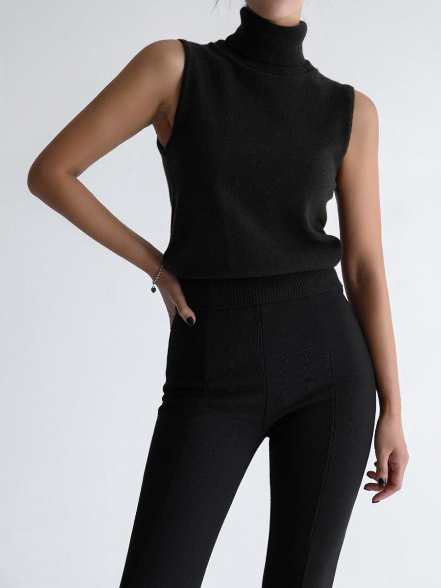 Sleeveless Roll Neck Knit Sweater for Women - Black
