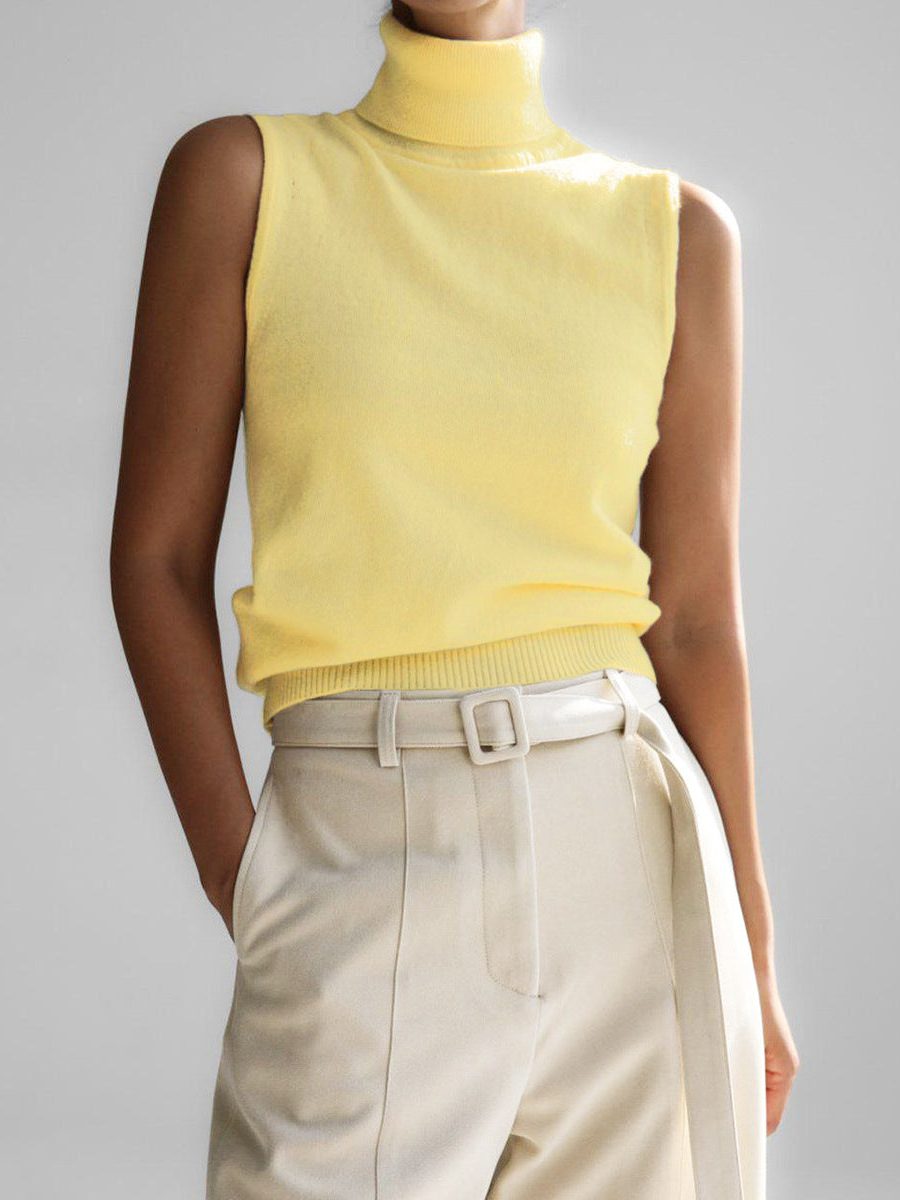 Sleeveless Roll Neck Knit Sweater for Women - Yellow