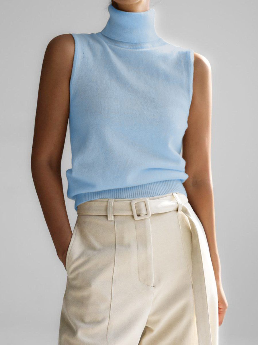 Sleeveless Roll Neck Knit Sweater for Women - Blue