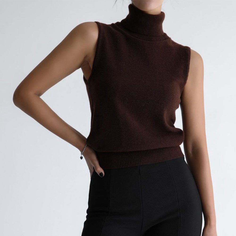 Sleeveless Roll Neck Knit Sweater for Women - Brown