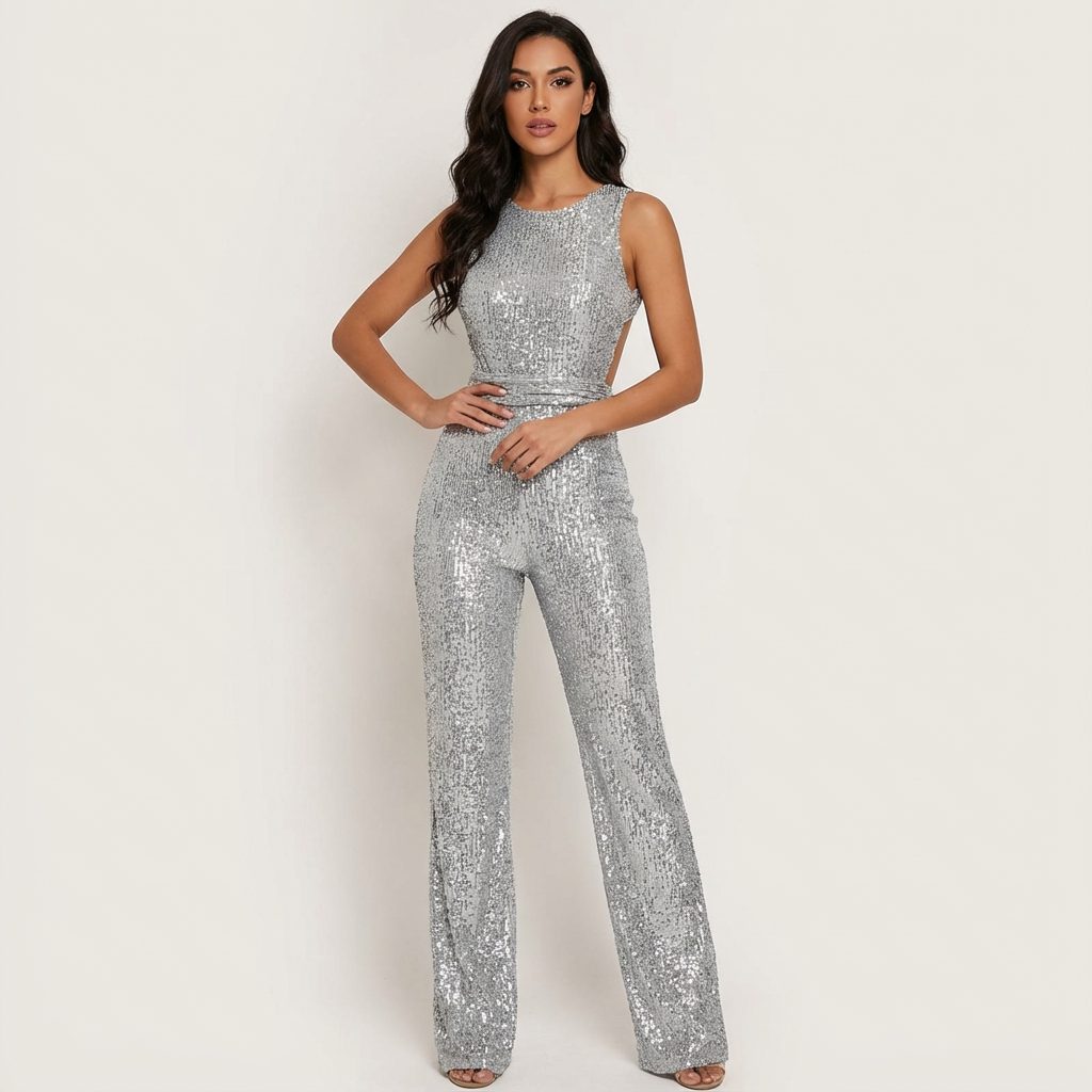 Sleeveless Sequin Jumpsuit with Waist Tie for Women