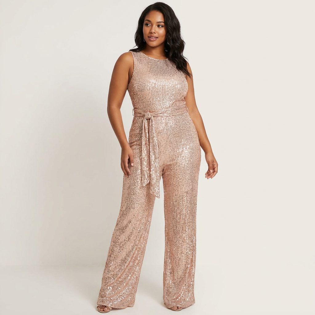 Sleeveless Sequin Jumpsuit with Waist Tie for Women - Pink