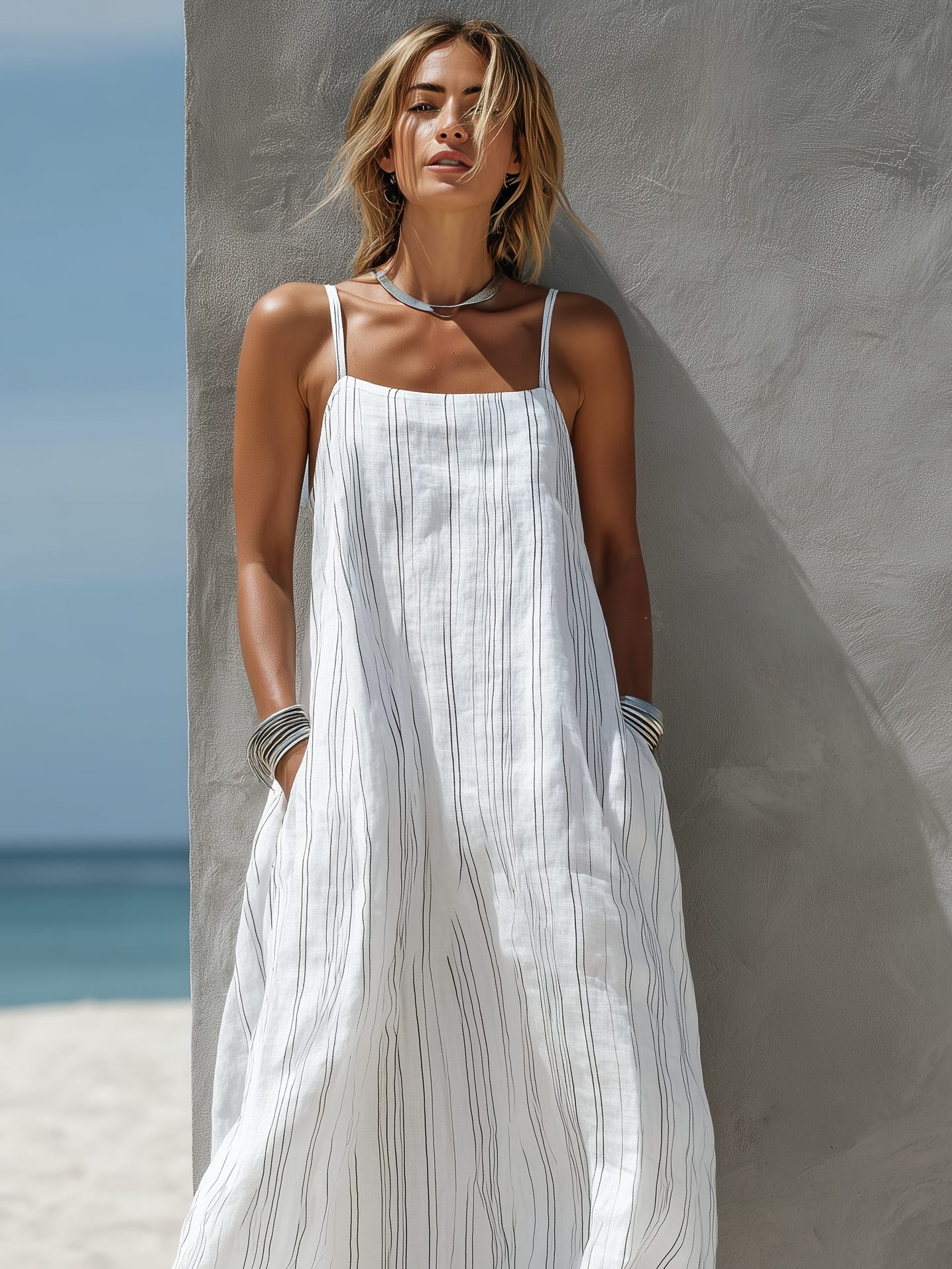 Sleeveless Vertical Striped Maxi Dress for Women - View 2