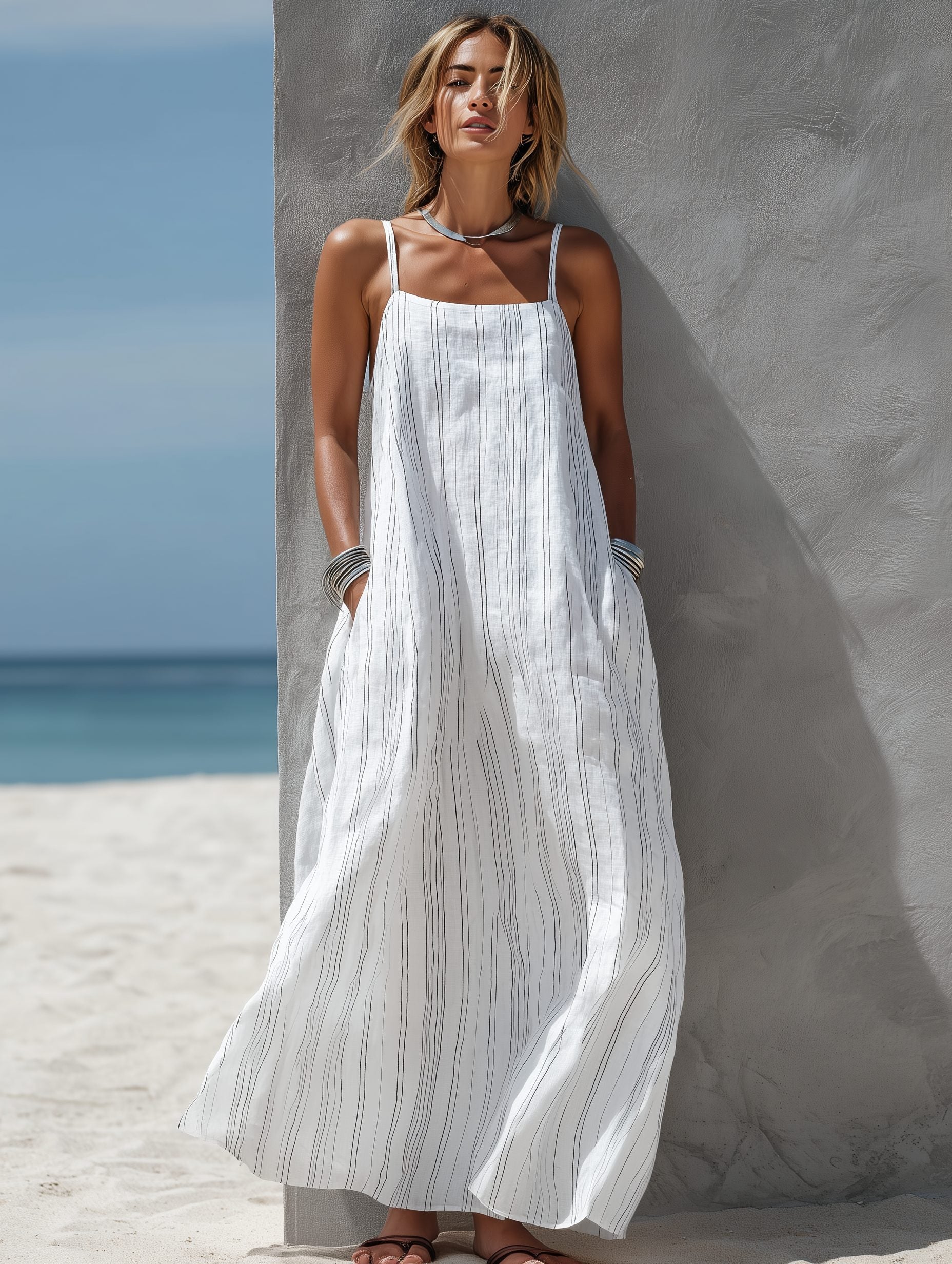 Sleeveless Vertical Striped Maxi Dress for Women - View 3