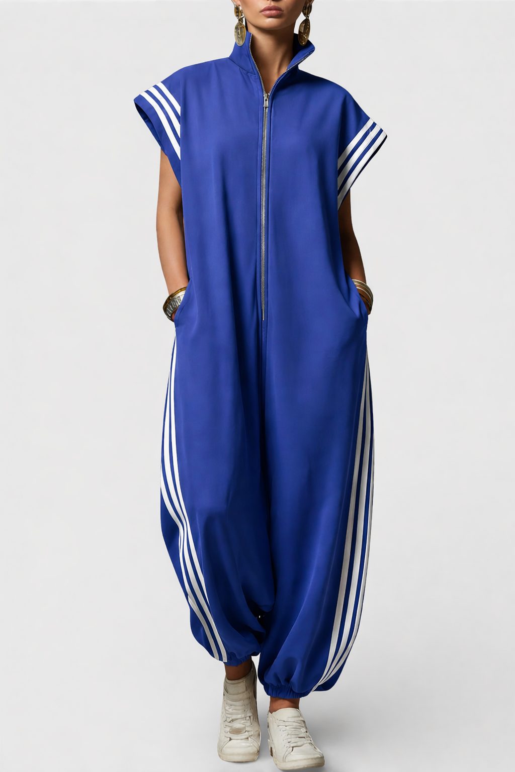 Sleeveless Zip Neck Jumpsuit with Side Stripes for Women