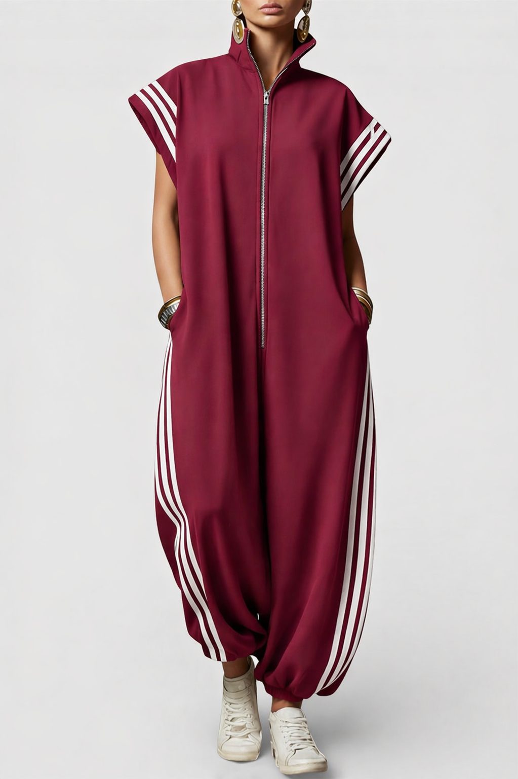 Sleeveless Zip Neck Jumpsuit with Side Stripes for Women