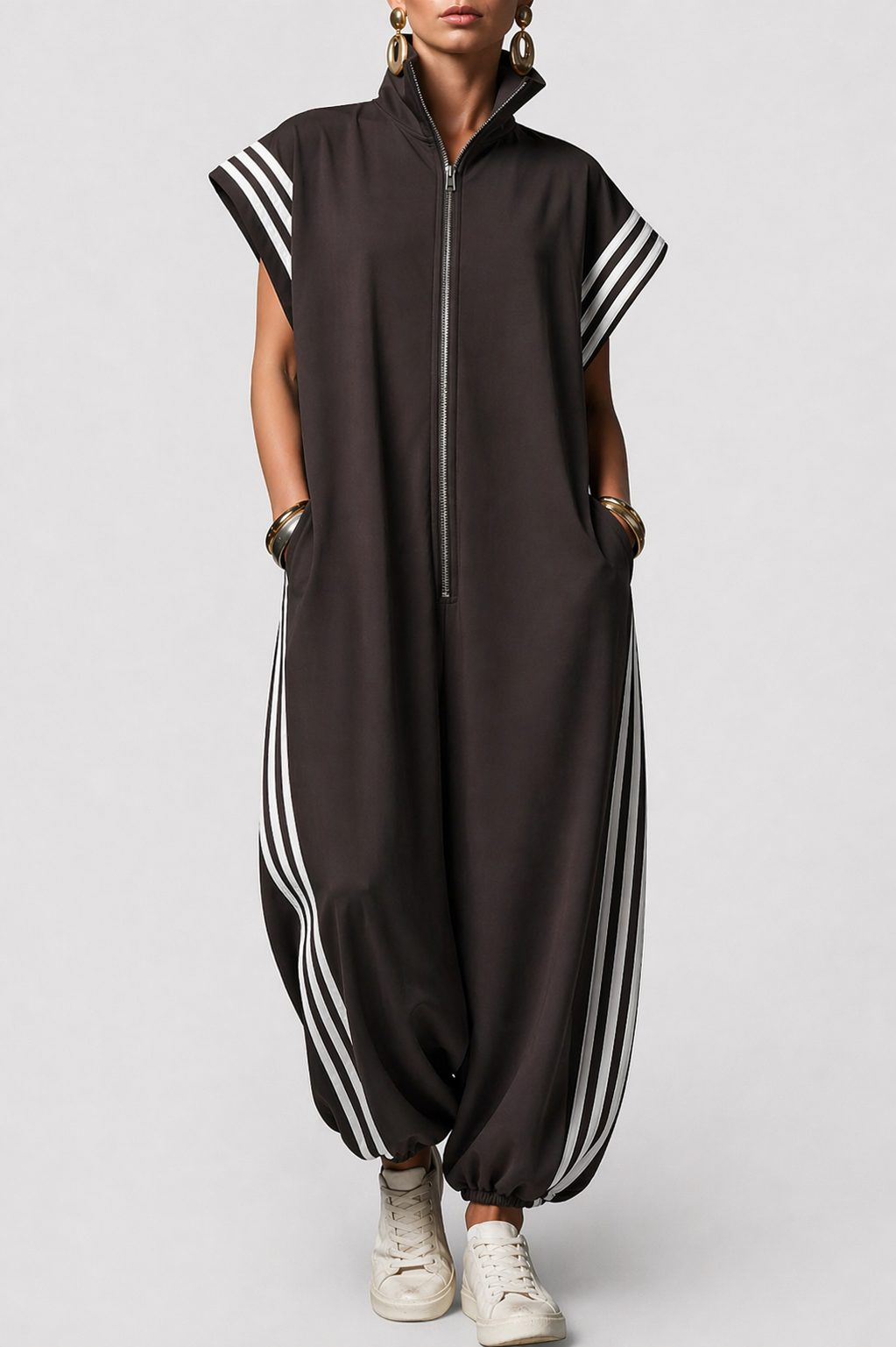 Sleeveless Zip Neck Jumpsuit with Side Stripes for Women - Brown