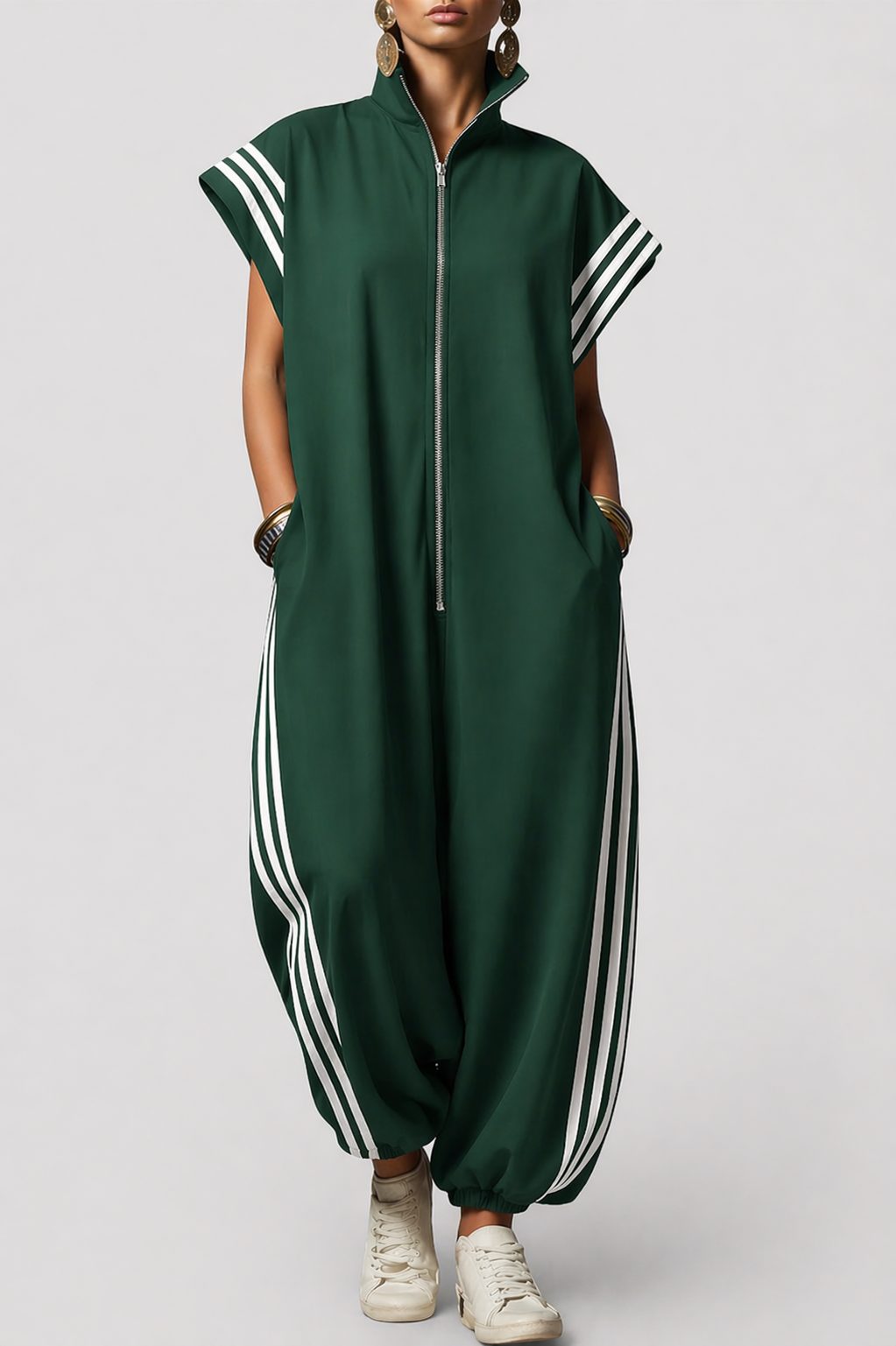 Sleeveless Zip Neck Jumpsuit with Side Stripes for Women - Green