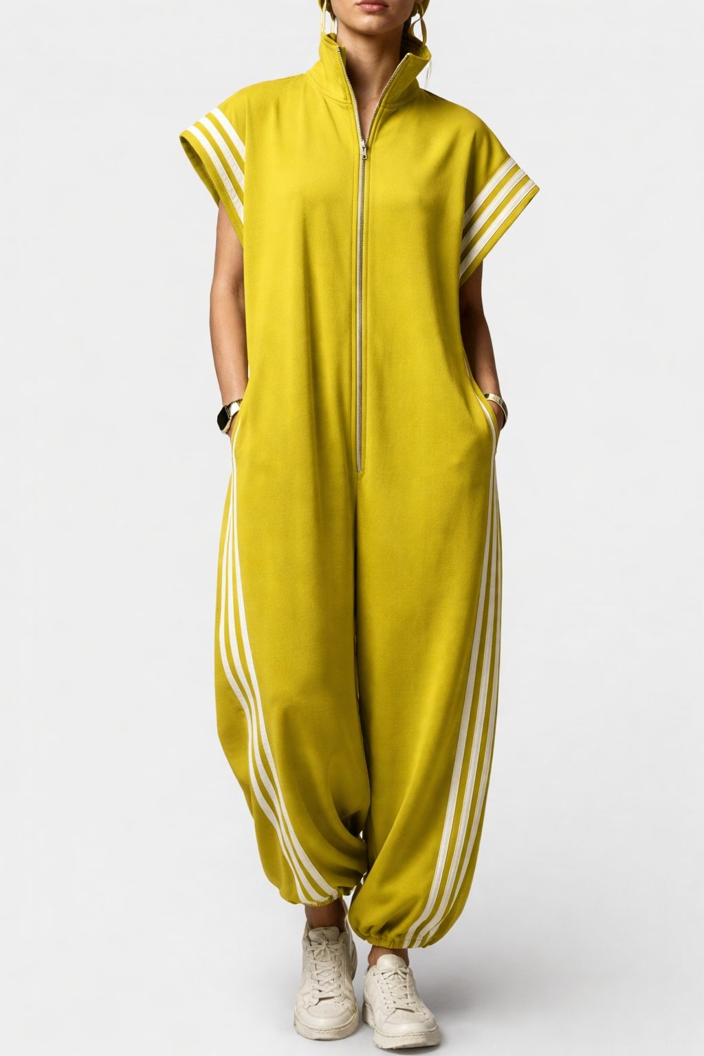Sleeveless Zip Neck Jumpsuit with Side Stripes for Women - Yellow