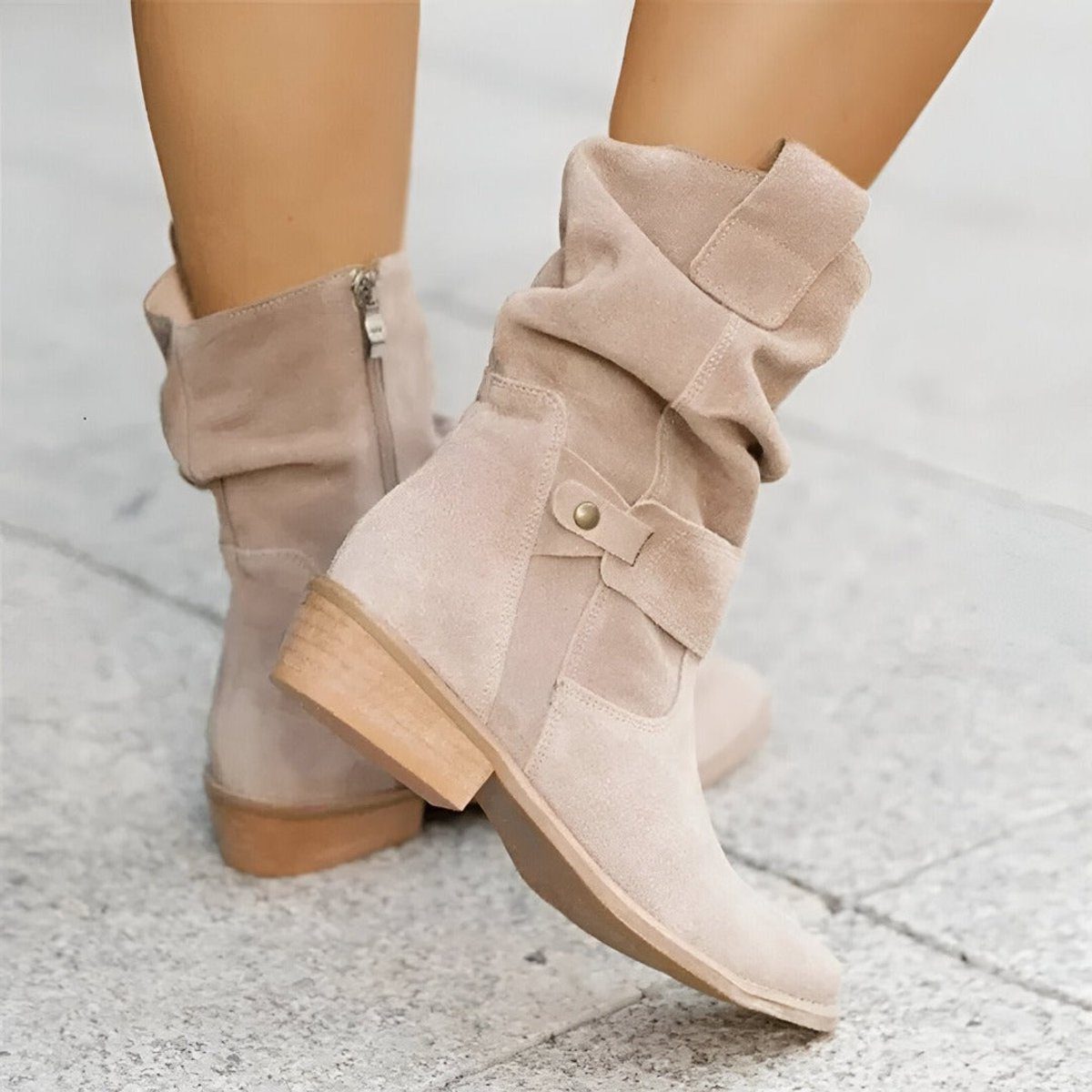 Slouchy Block Heel Mid-Calf Boots for Women - Beige