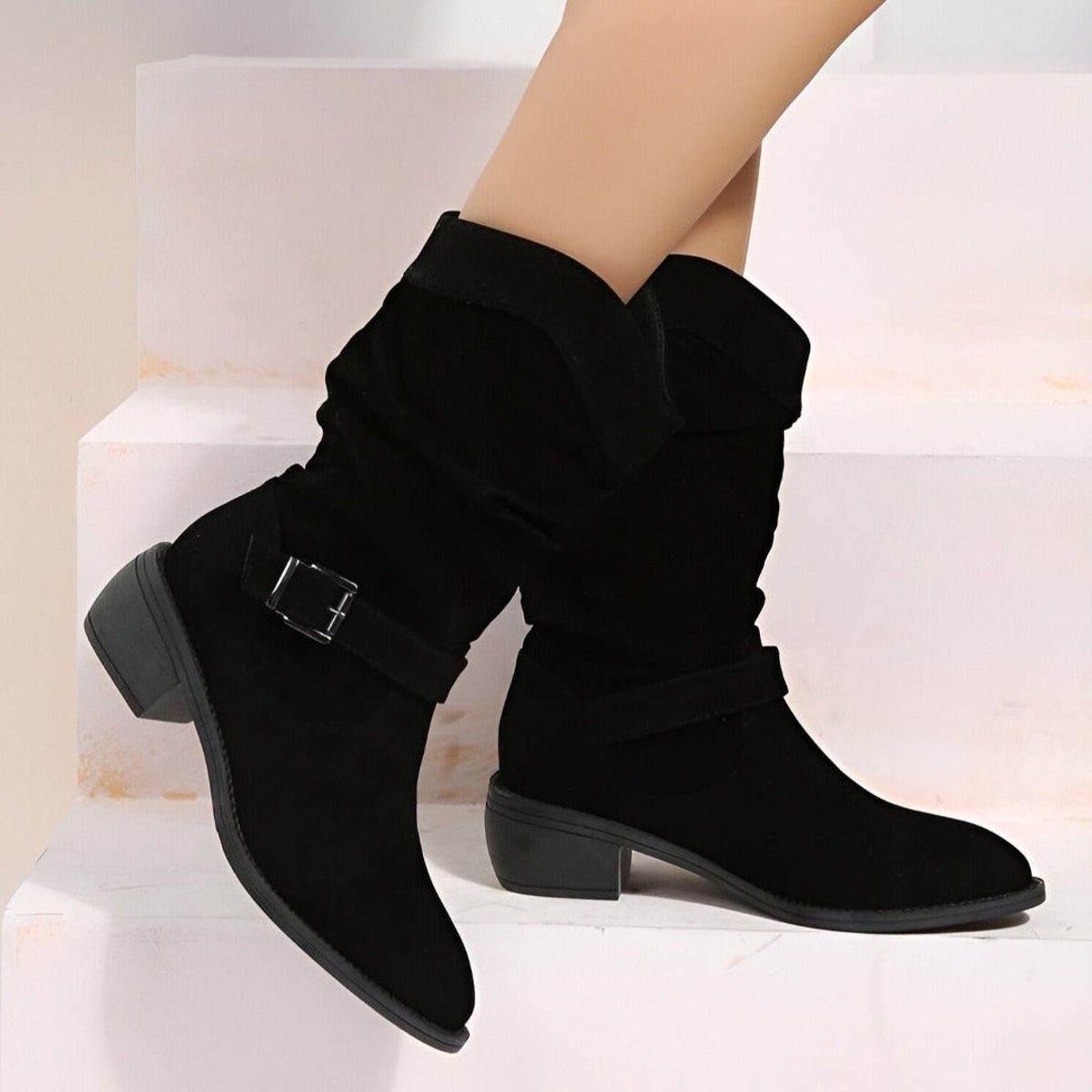 Slouchy Block Heel Mid-Calf Boots for Women - Black