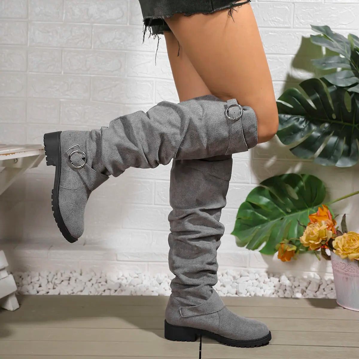 Slouchy Buckle Knee High Boots for Women