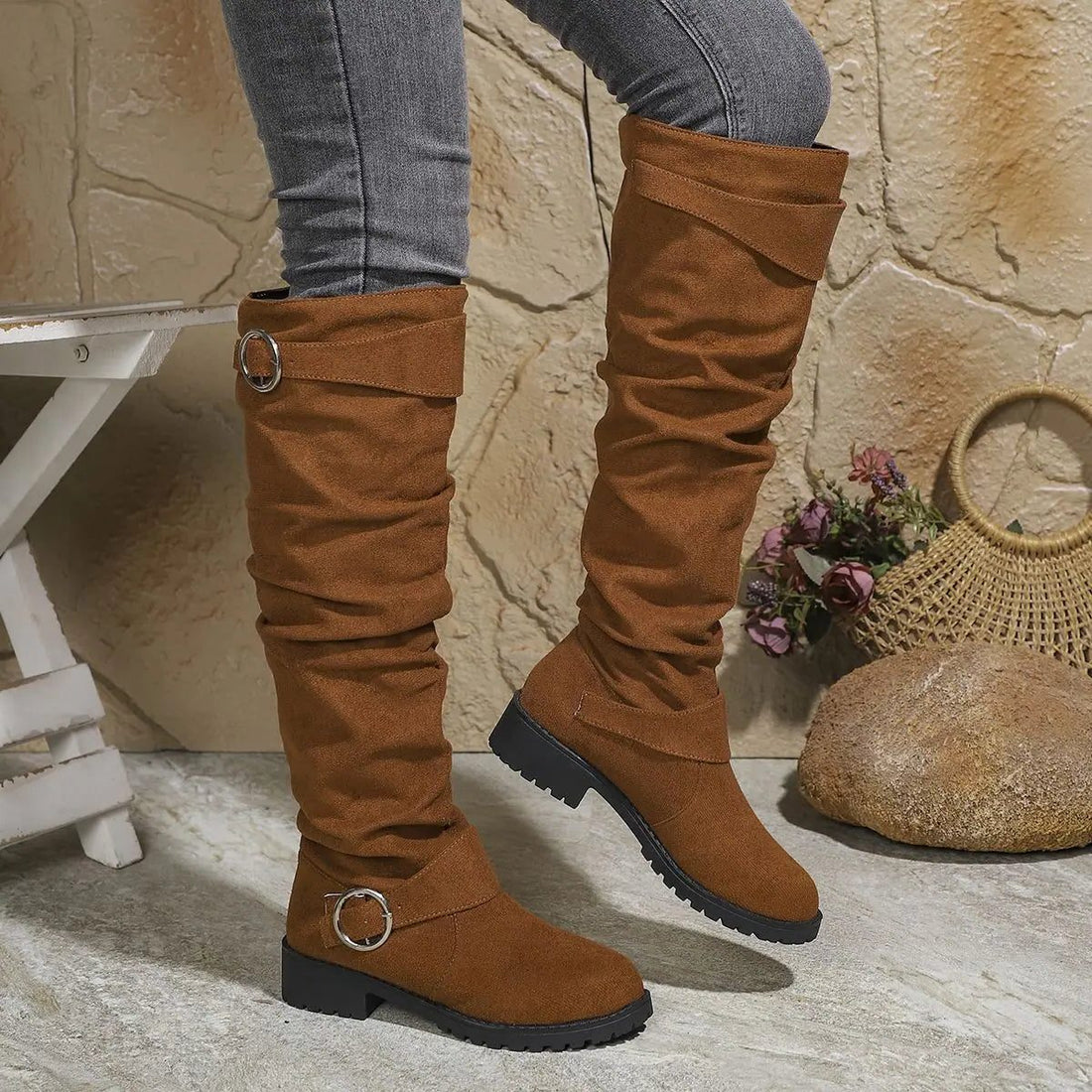 Slouchy Buckle Knee High Boots for Women