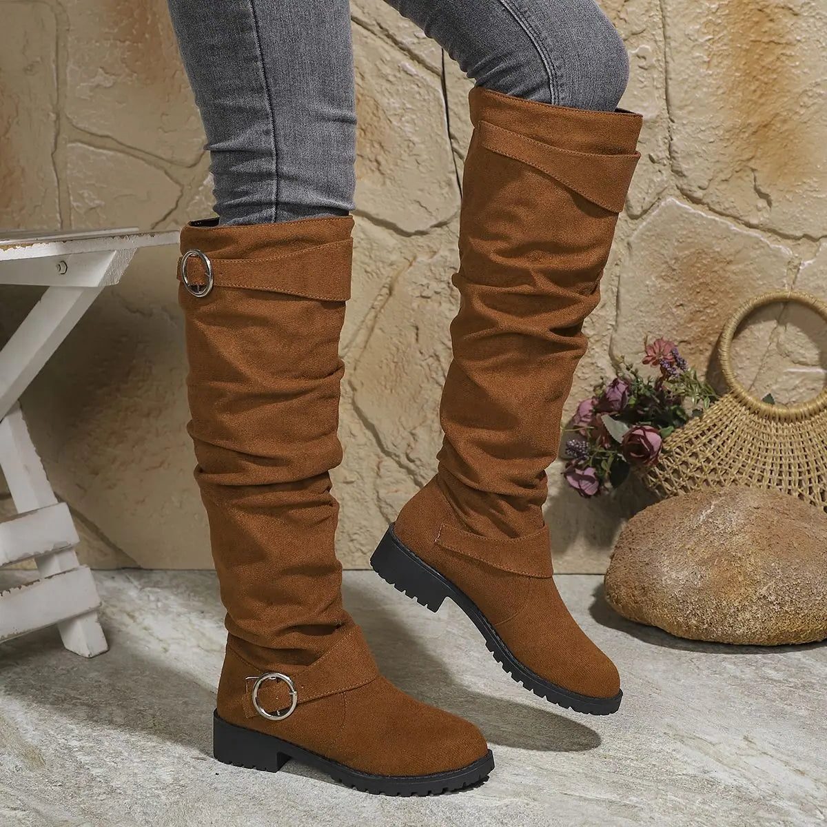 Slouchy Buckle Knee High Boots for Women - Light Brown