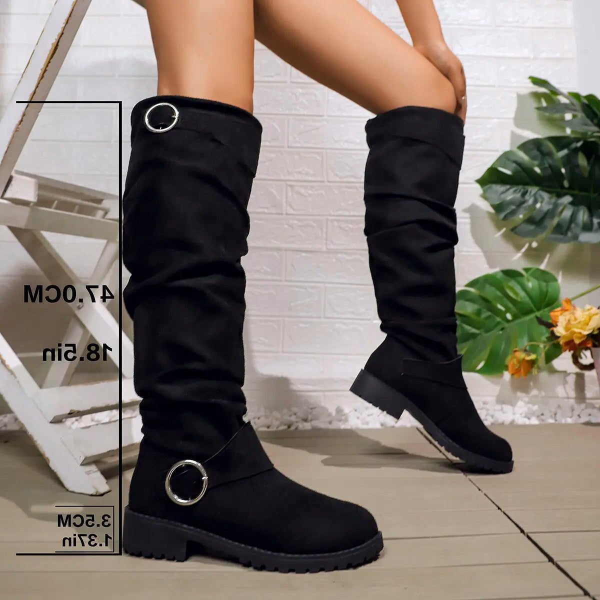 Slouchy Buckle Knee High Boots for Women - Black