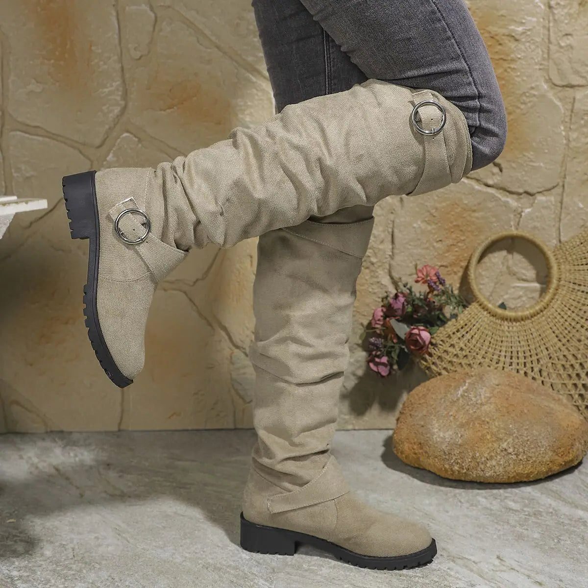 Slouchy Buckle Knee High Boots for Women - View 4