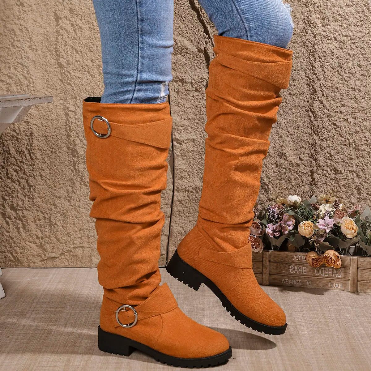 Slouchy Buckle Knee High Boots for Women - Orange