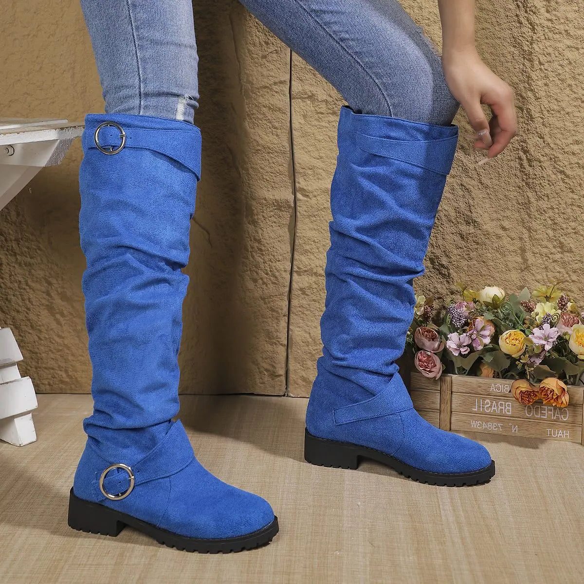 Slouchy Buckle Knee High Boots for Women - Blue