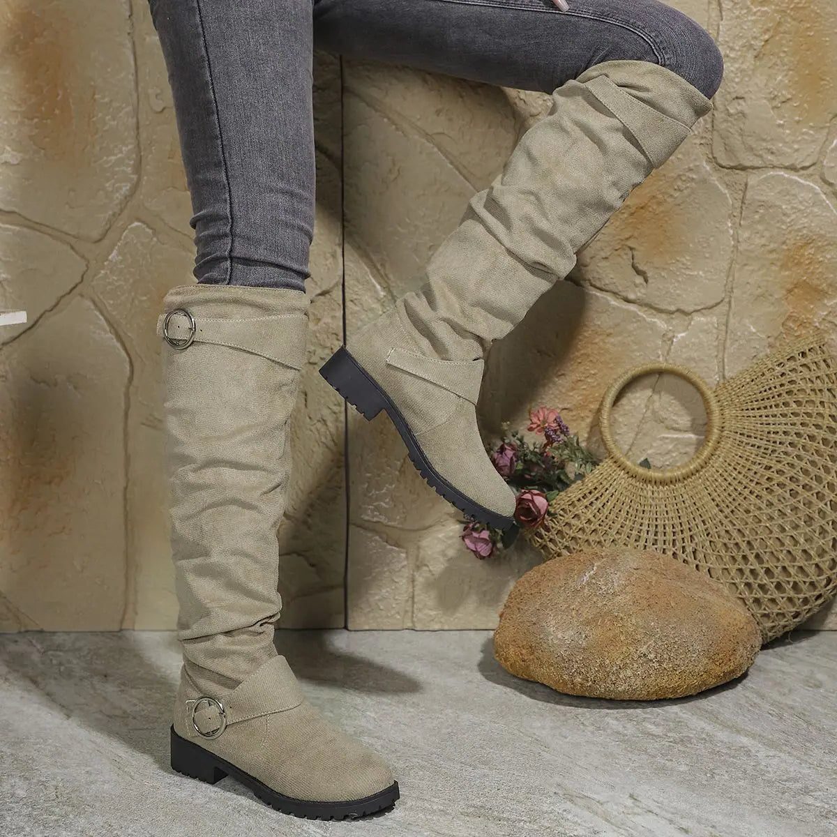 Slouchy Buckle Knee High Boots for Women - Khaki