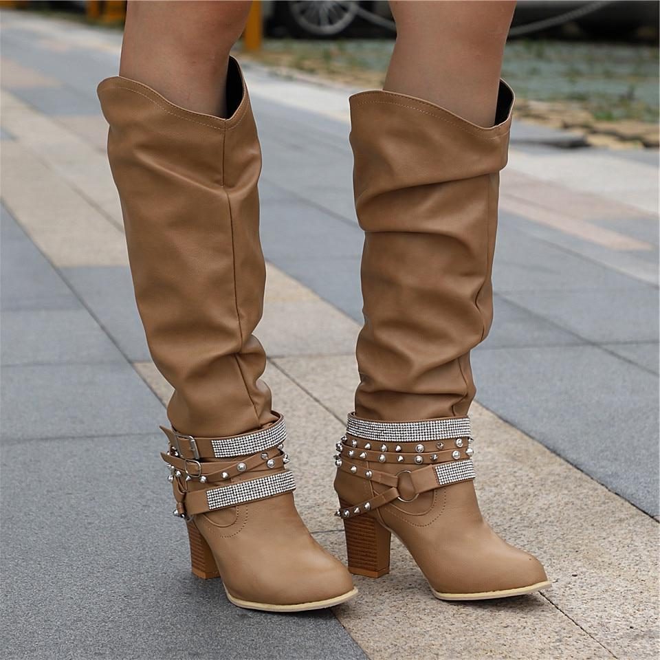 Slouchy Knee-High Block Heel Boots for Women - Khaki