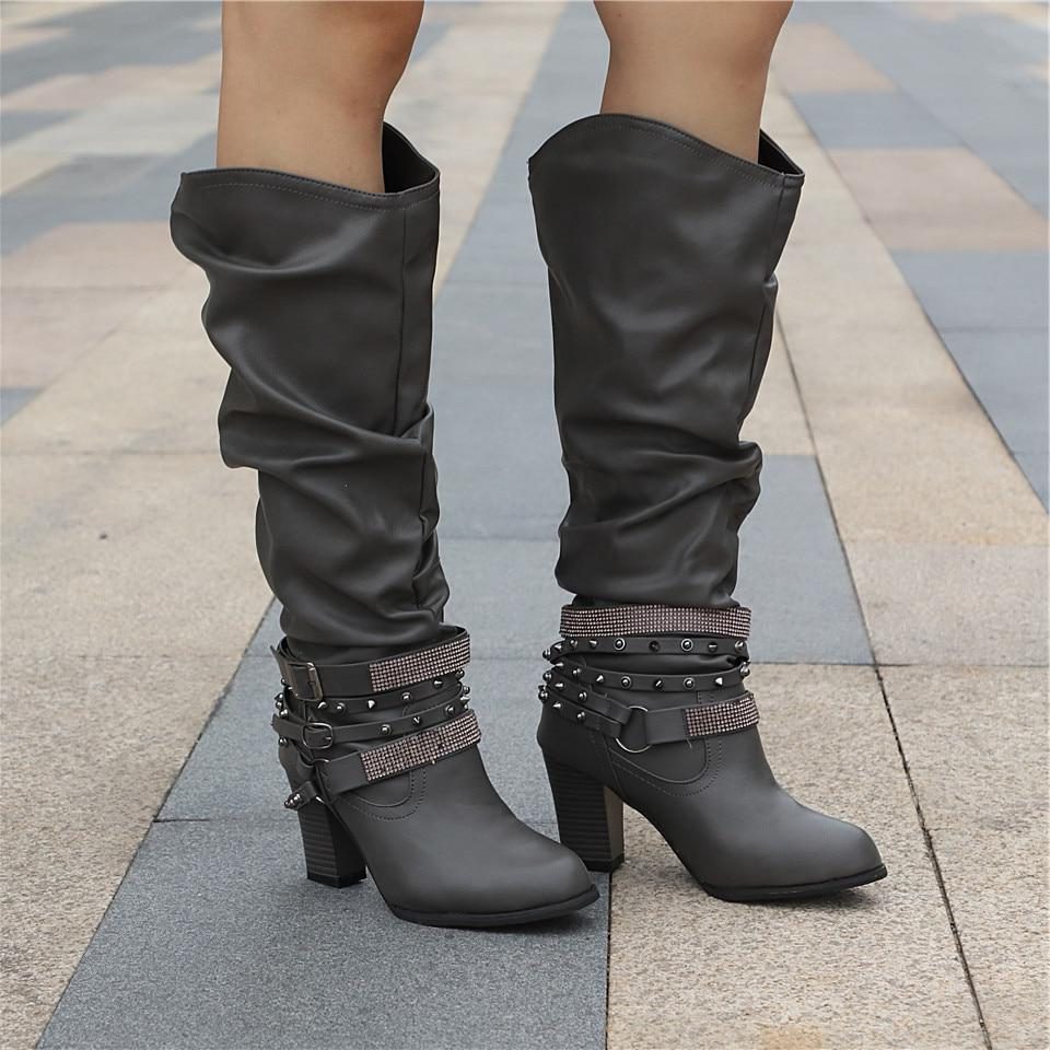 Slouchy Knee-High Block Heel Boots for Women - Gray