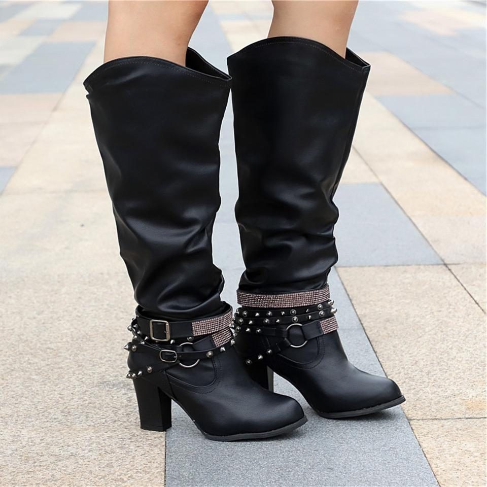 Slouchy Knee-High Block Heel Boots for Women - Black