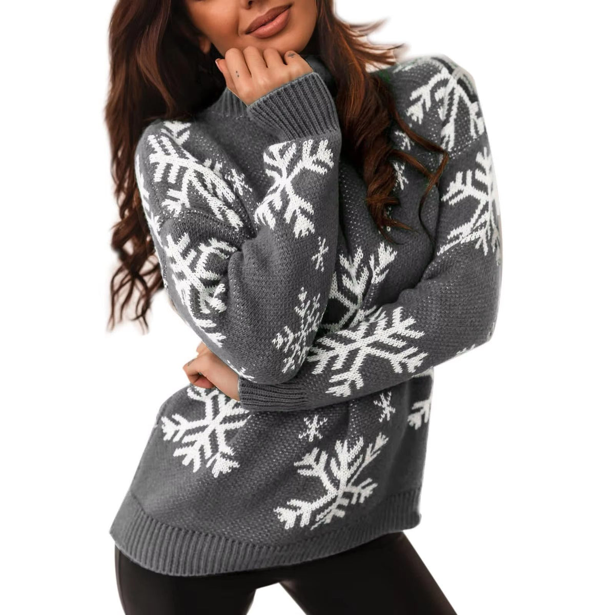 Snowflake Crew Neck Knit Sweater for Women - Gray-a