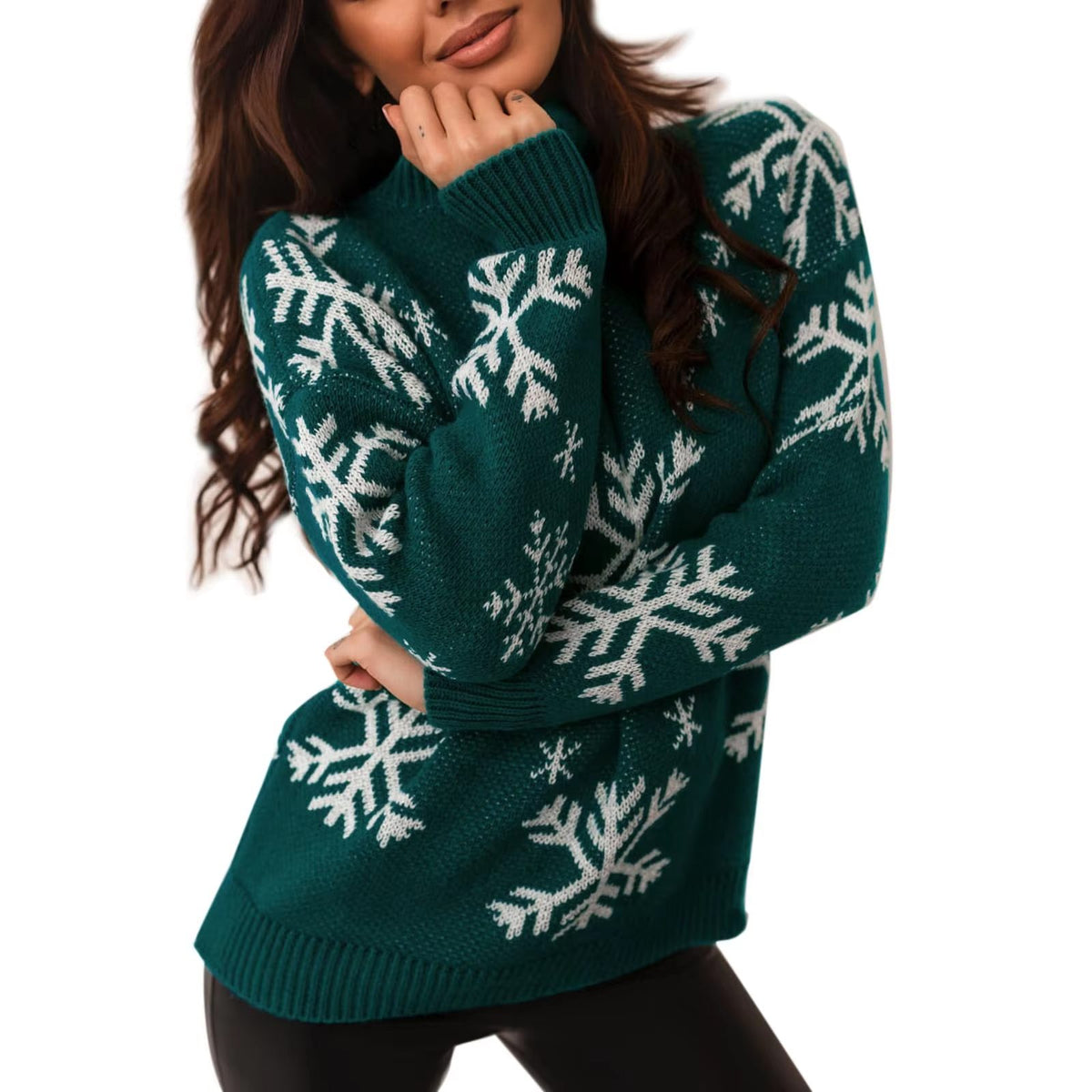 Snowflake Crew Neck Knit Sweater for Women - Green-a