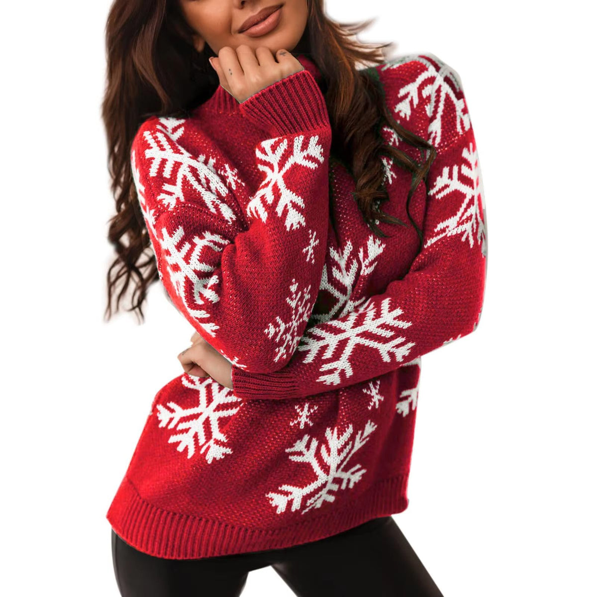 Snowflake Crew Neck Knit Sweater for Women - Red-a