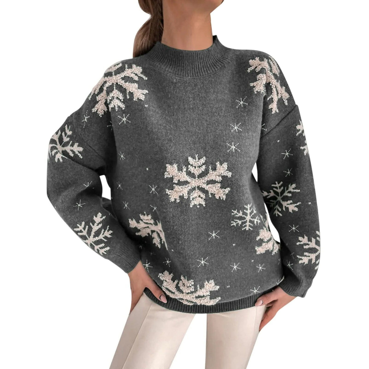 Snowflake Crew Neck Knit Sweater for Women - View 3