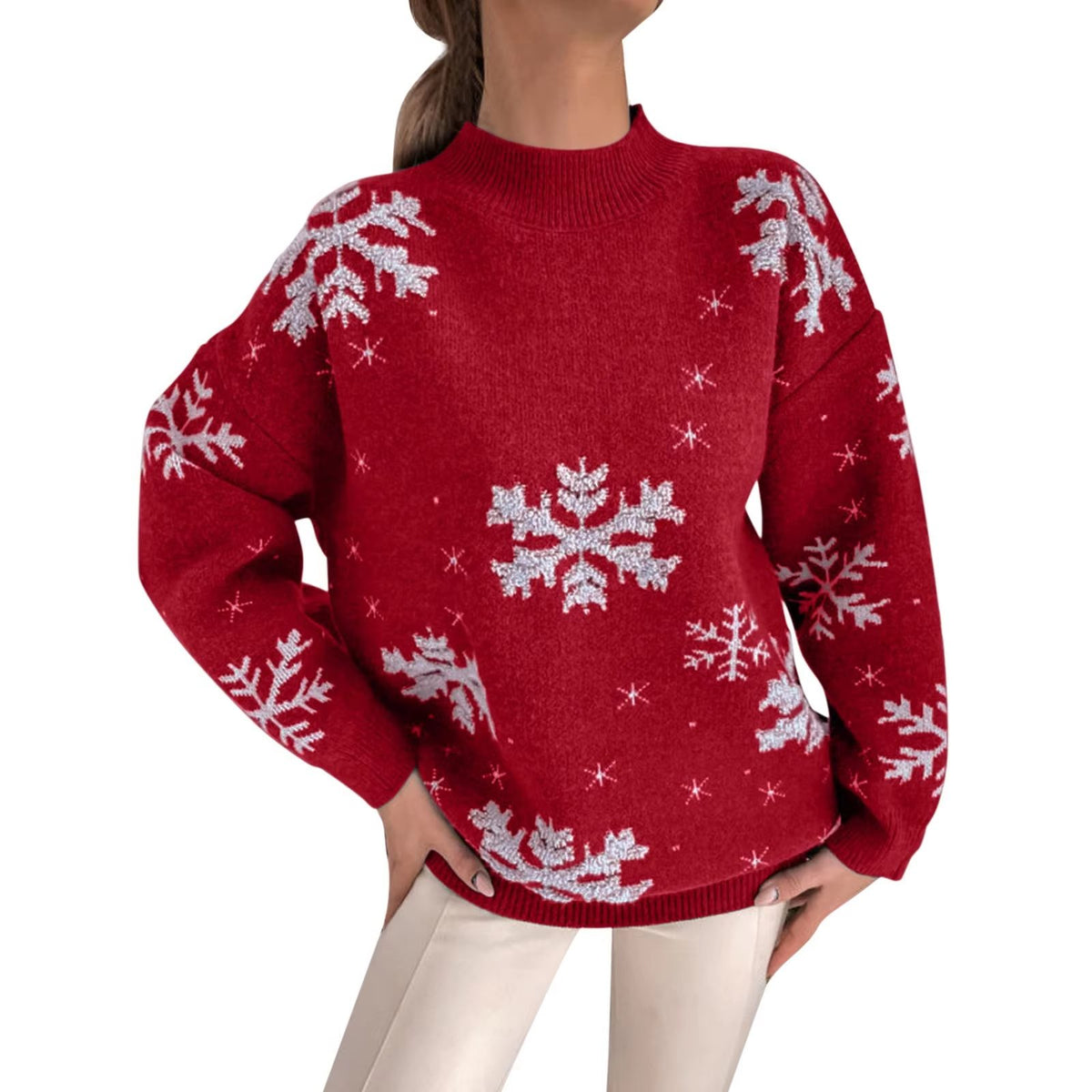 Snowflake Crew Neck Knit Sweater for Women - View 5