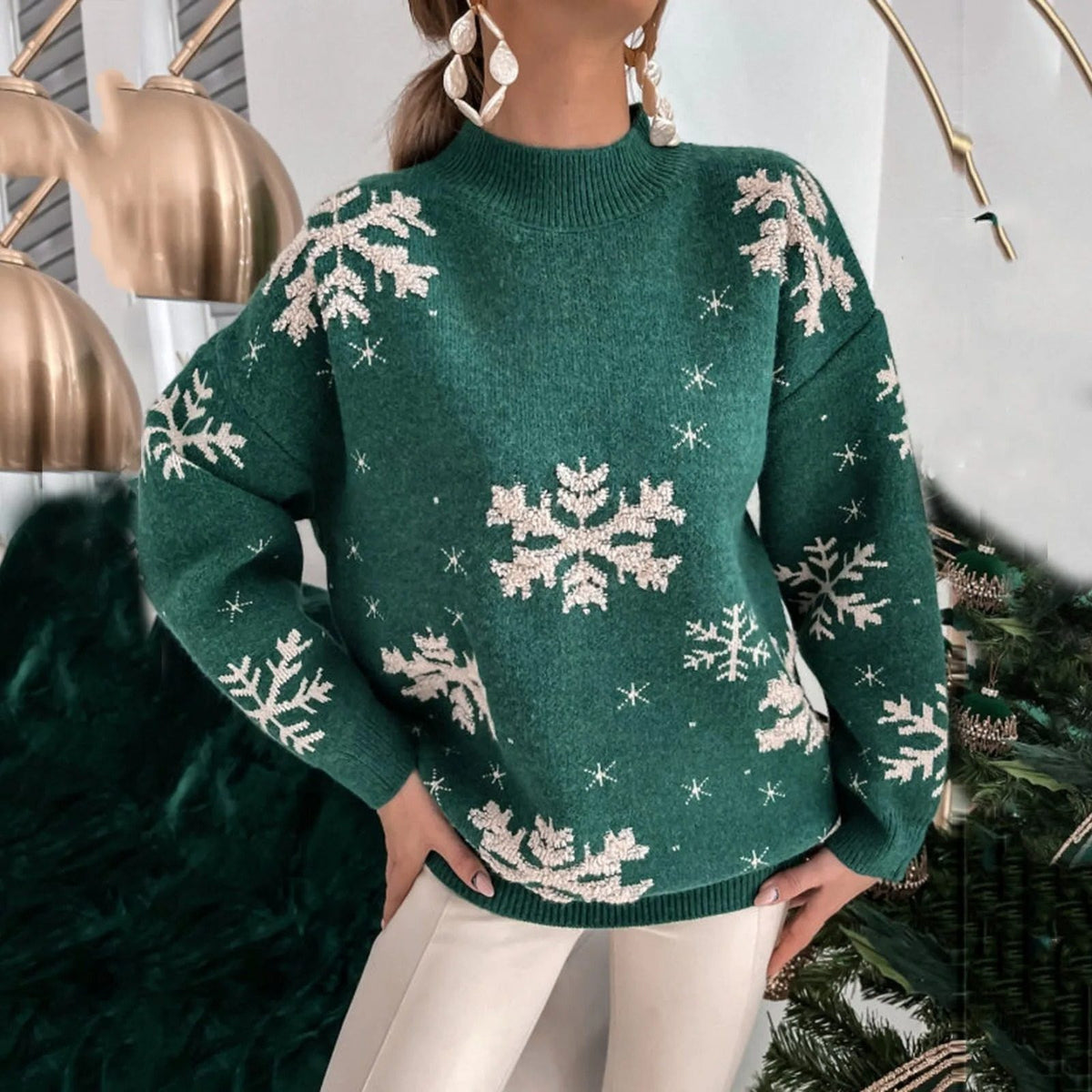Snowflake Crew Neck Knit Sweater for Women - Green