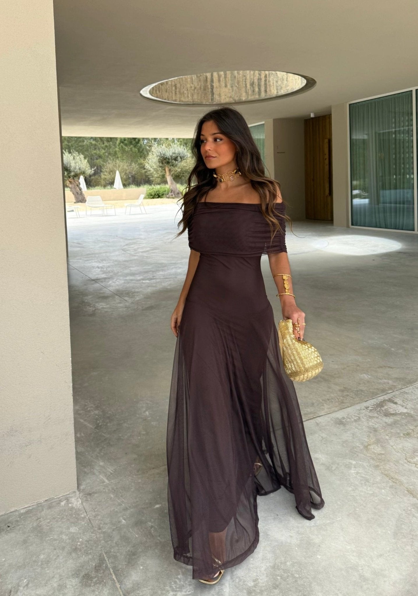 Off-Shoulder Mesh Maxi Dress for Women