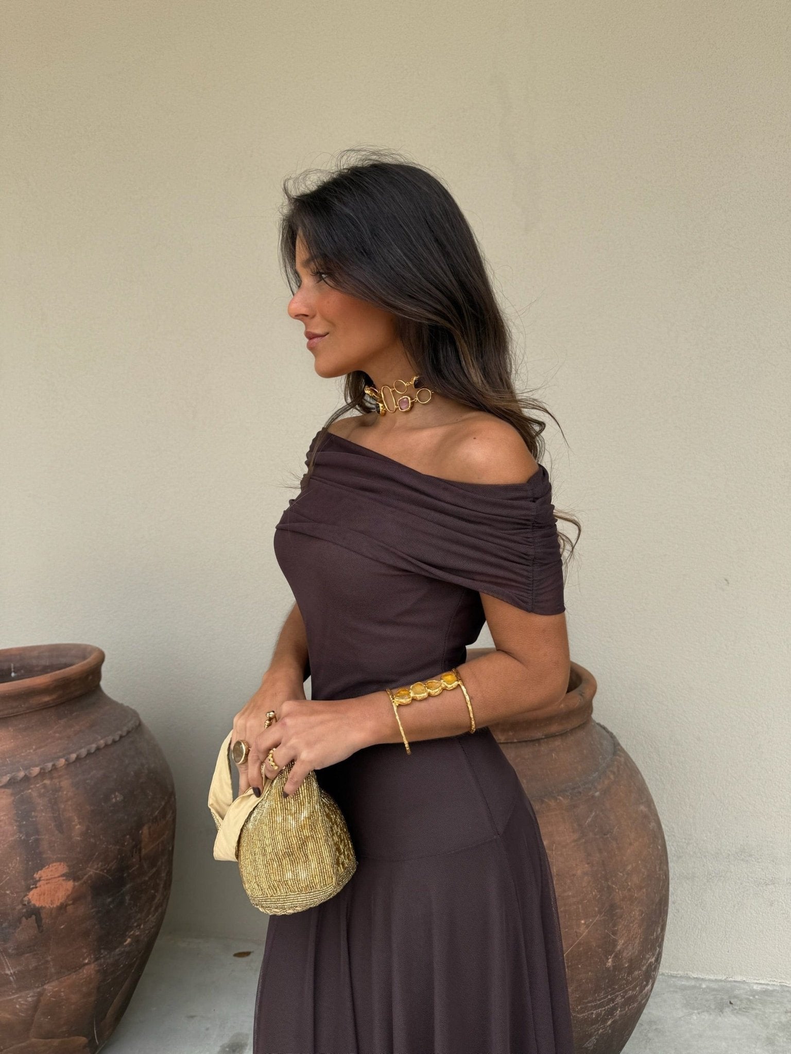 Off-Shoulder Mesh Maxi Dress for Women