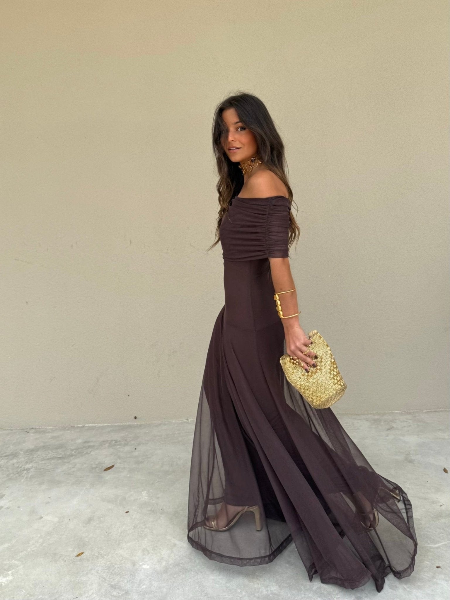 Off-Shoulder Mesh Maxi Dress for Women