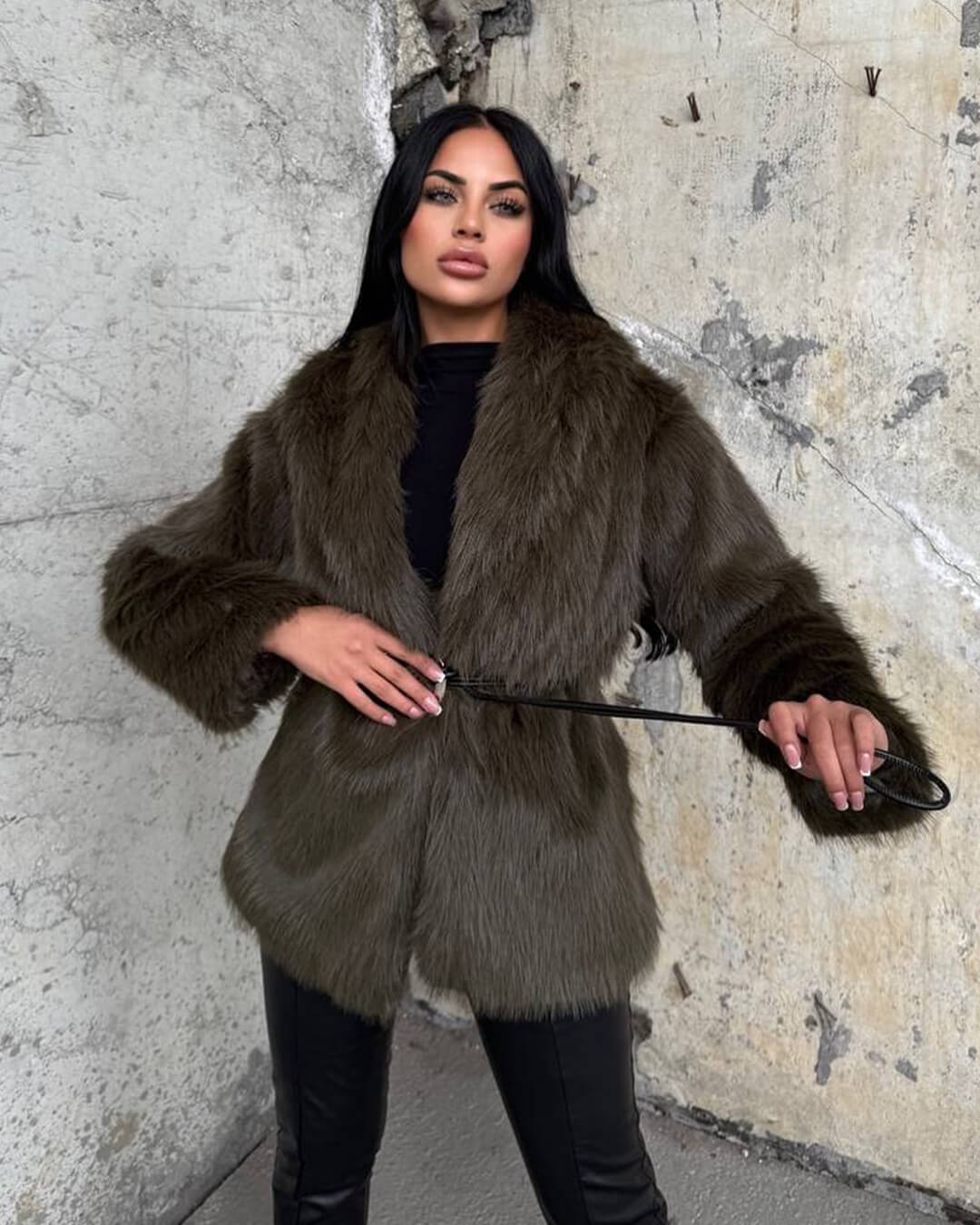 Faux Fur Belted Medium Length Coat for Women
