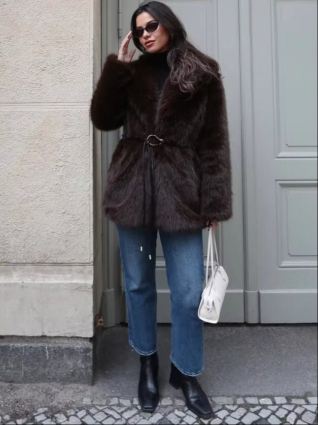 Faux Fur Belted Medium Length Coat for Women