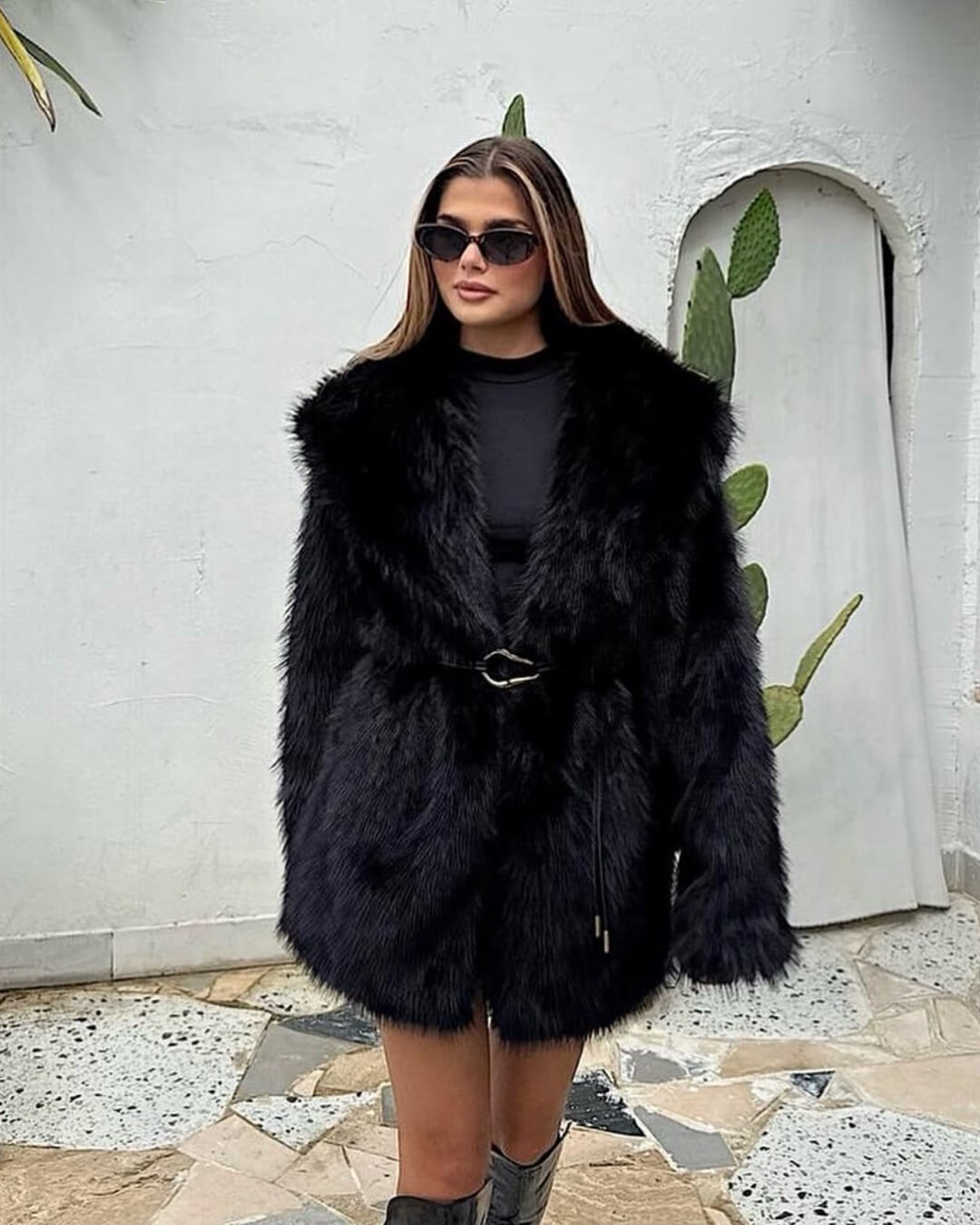 Faux Fur Belted Medium Length Coat for Women