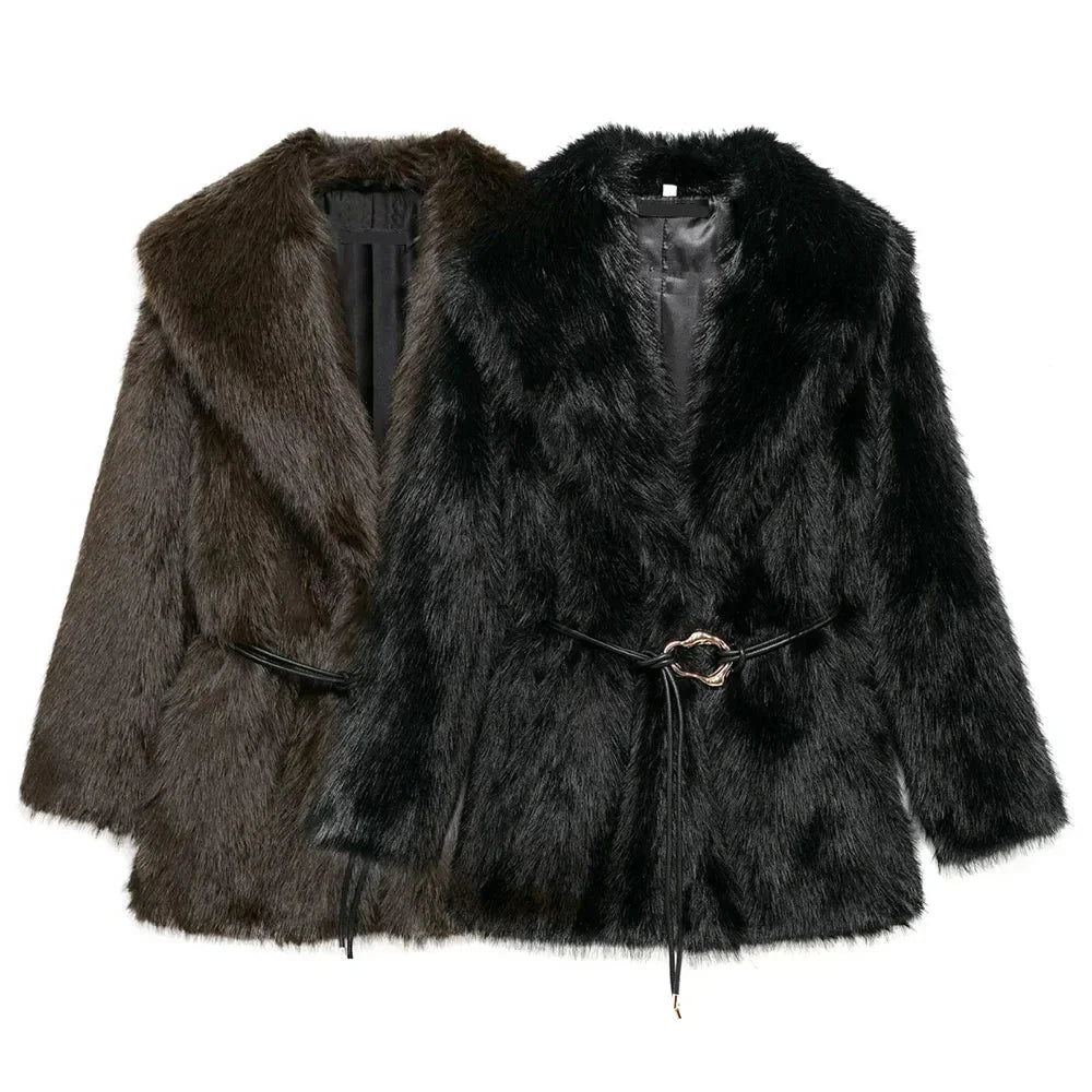 Faux Fur Belted Medium Length Coat for Women