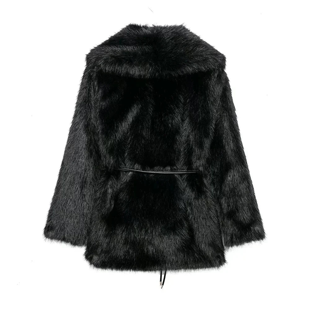 Faux Fur Belted Medium Length Coat for Women