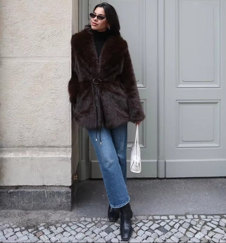Faux Fur Belted Medium Length Coat for Women