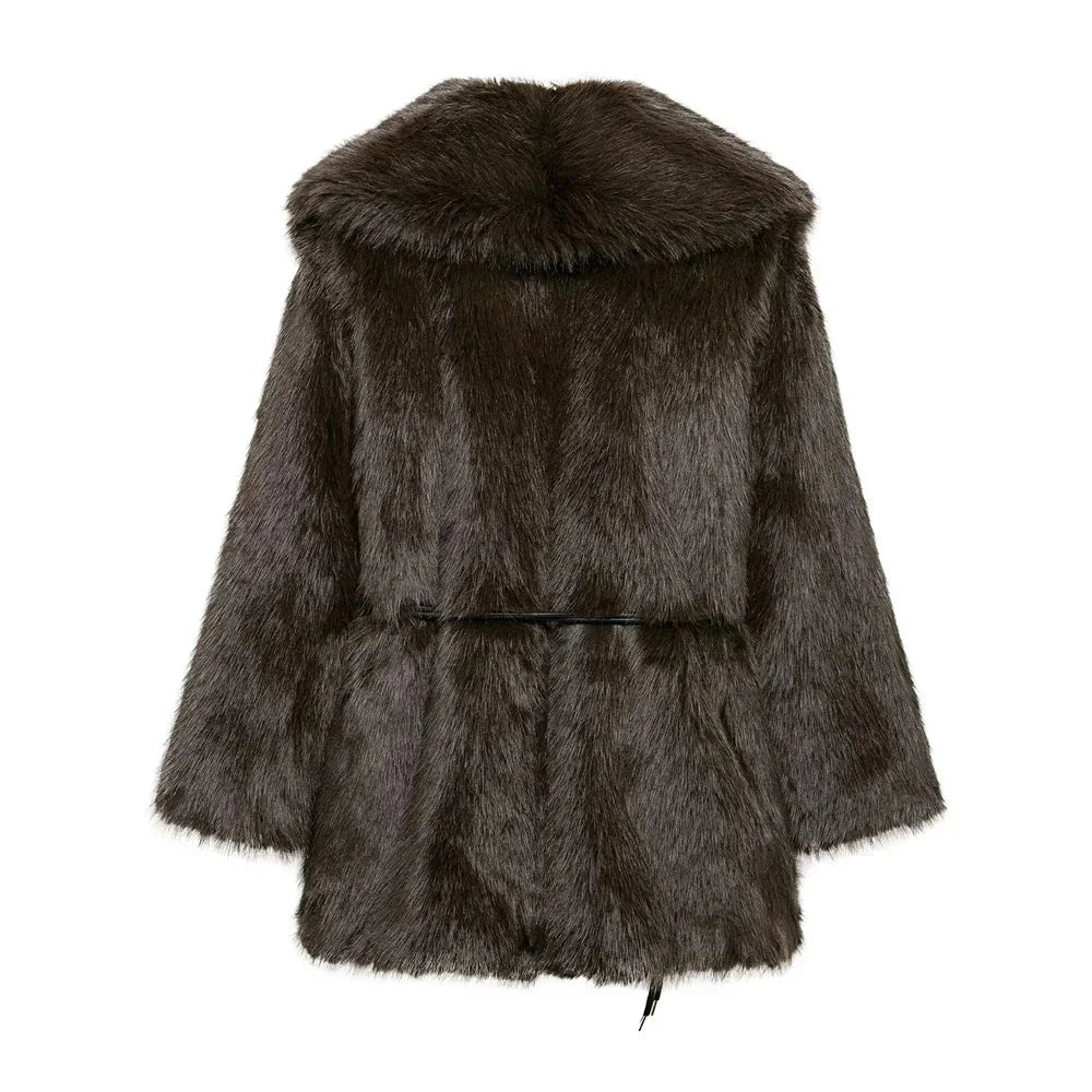 Faux Fur Belted Medium Length Coat for Women