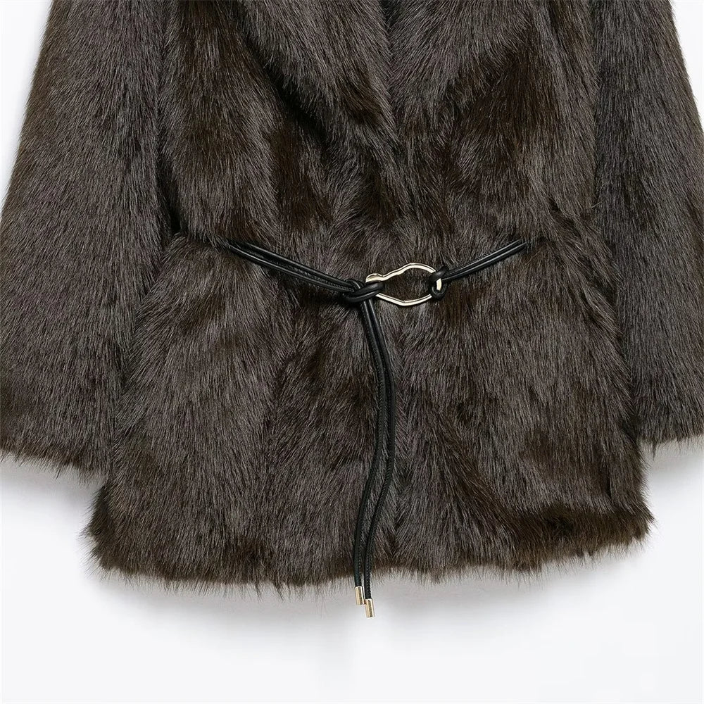 Faux Fur Belted Medium Length Coat for Women