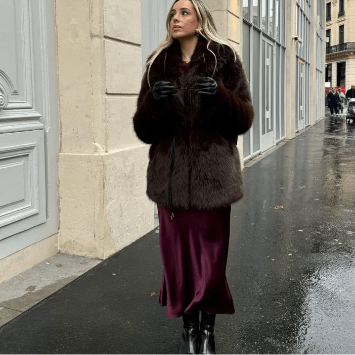 Faux Fur Belted Medium Length Coat for Women