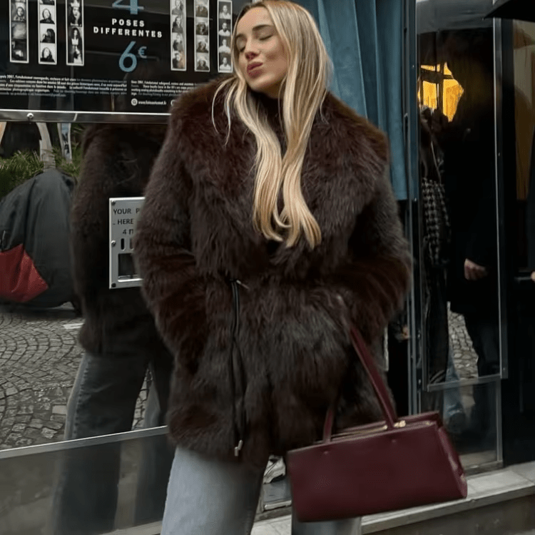 Faux Fur Belted Medium Length Coat for Women