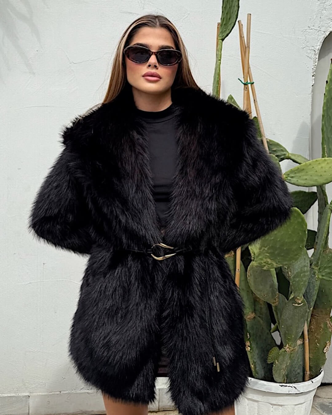 Faux Fur Belted Medium Length Coat for Women