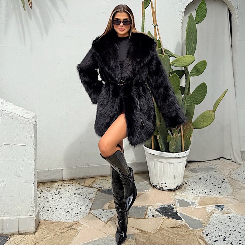 Faux Fur Belted Medium Length Coat for Women