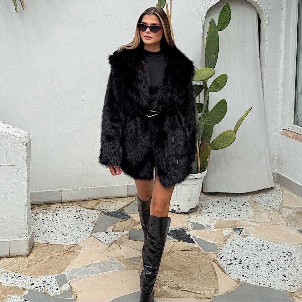 Faux Fur Belted Medium Length Coat for Women